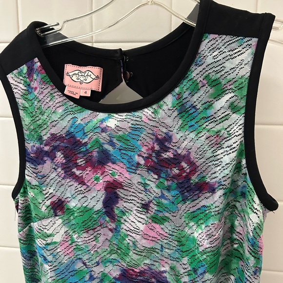 Phoebe Couture Sleeveless Shift Dress in Green, Pink & Purple with Black Trim - Picture 3 of 7